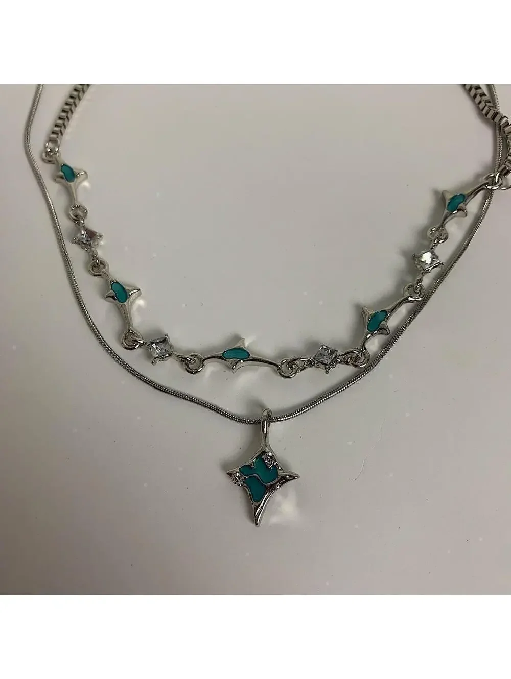 Cyber y2k 2000s style Futuristic Star pendant turquoise silver necklace. 2 neckl
